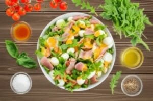 Mozzarella Prosciutto Salad with Tomato Basil Vinaigrette