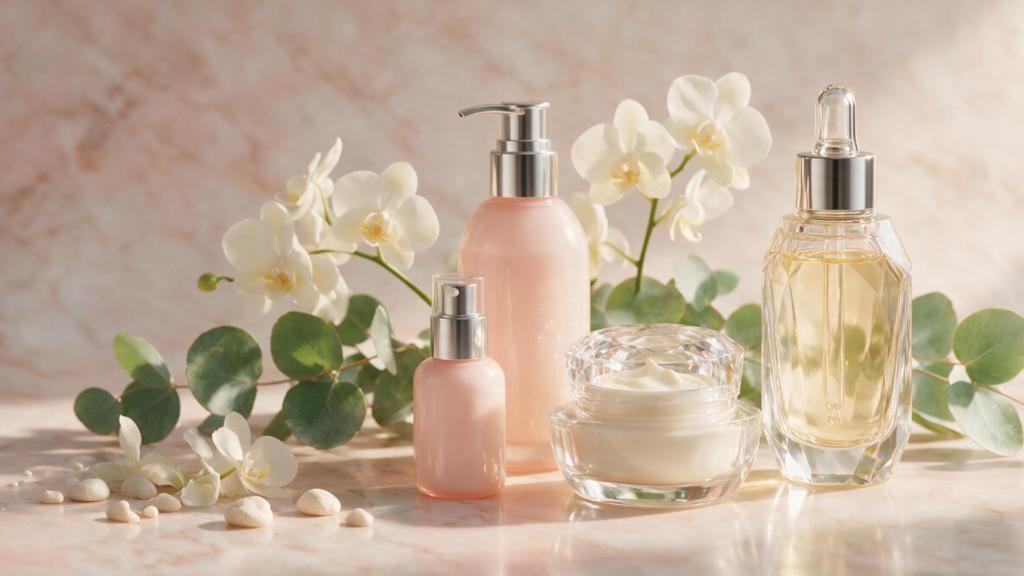 Luxurious organic skincare products including serum bottle, moisturizing cream, and lotion pump surrounded by white orchid flowers and eucalyptus leaves on a pink marble background