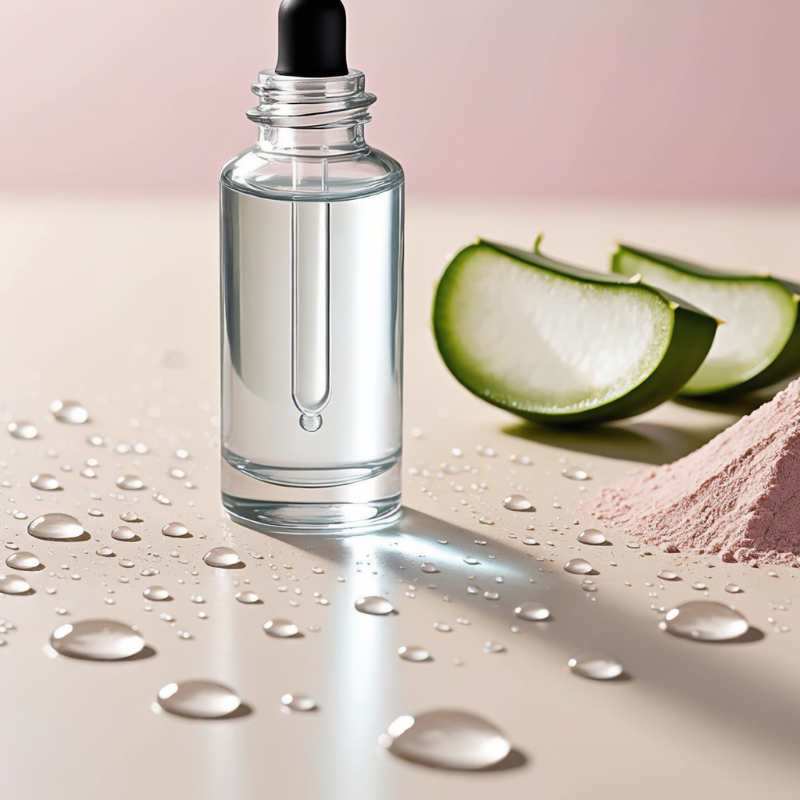Organic skincare serum dropper bottle with fresh aloe vera slices and water drops on a pink pastel background