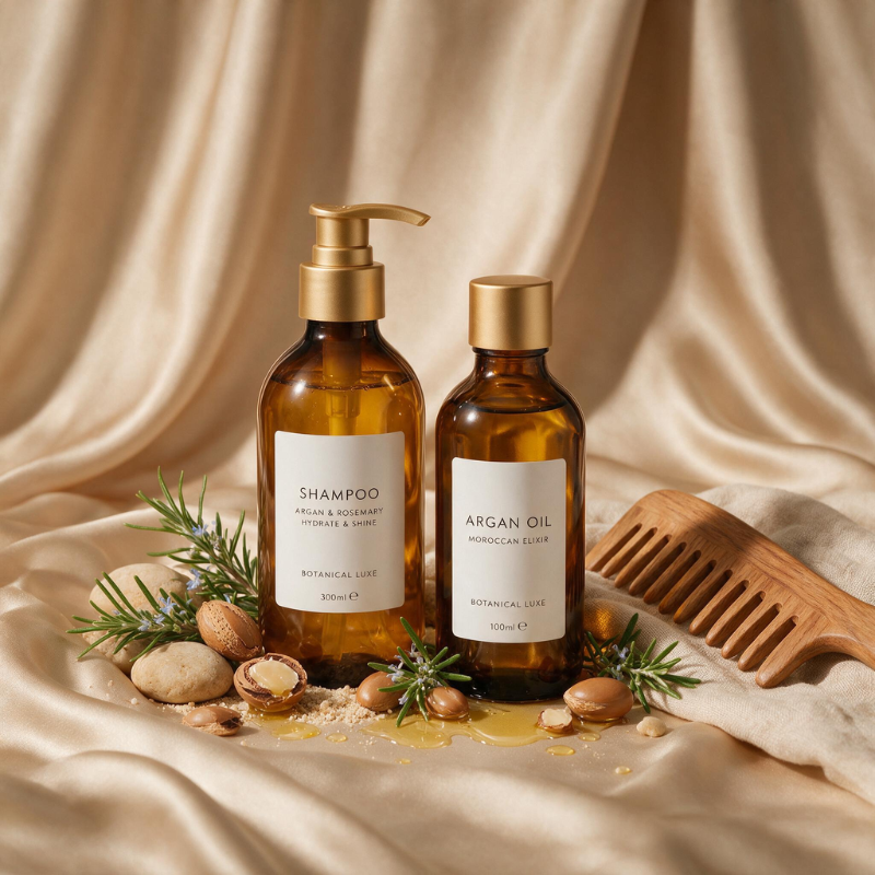 Premium hair care products with amber glass shampoo pump and argan oil bottle on gold silk fabric background with wooden comb