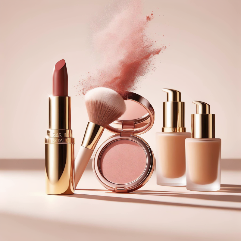 Luxury makeup products with gold lipstick, foundation bottles, cosmetic brush, and pink powder splash on a nude background